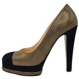 CHANEL CC Logo Cap Toe Platform Pumps Metallic Two-Tone EU 37 G28461